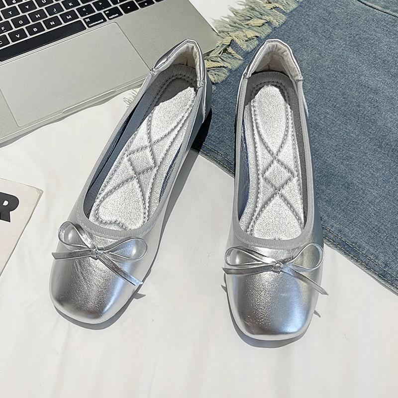 Glitter Silver Bowtie Flats mary jane Shoes Women Round Toe Patchwork Plaid Leather Loafers Flat Shoes Women zapatos de mujer