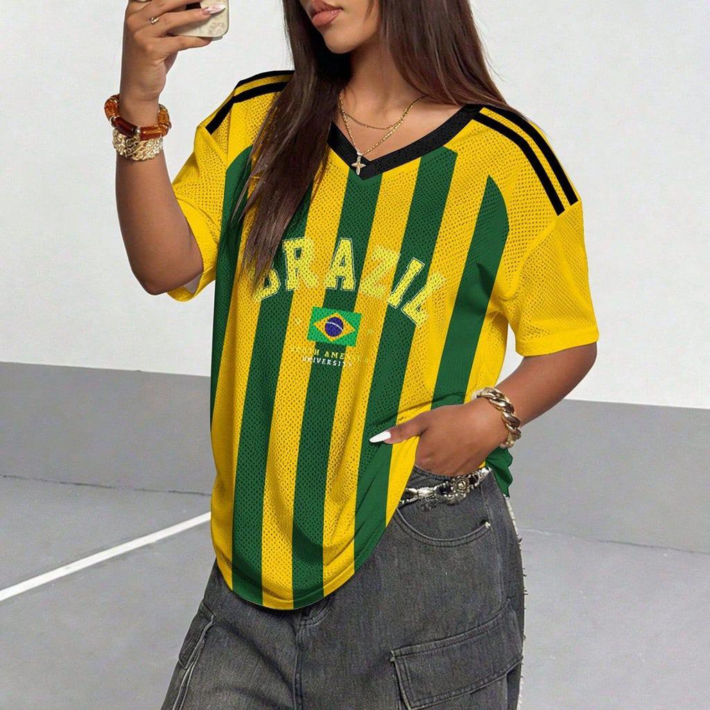 Women's Loose V-Neck Sporty Mesh T-Shirt with Digital Print