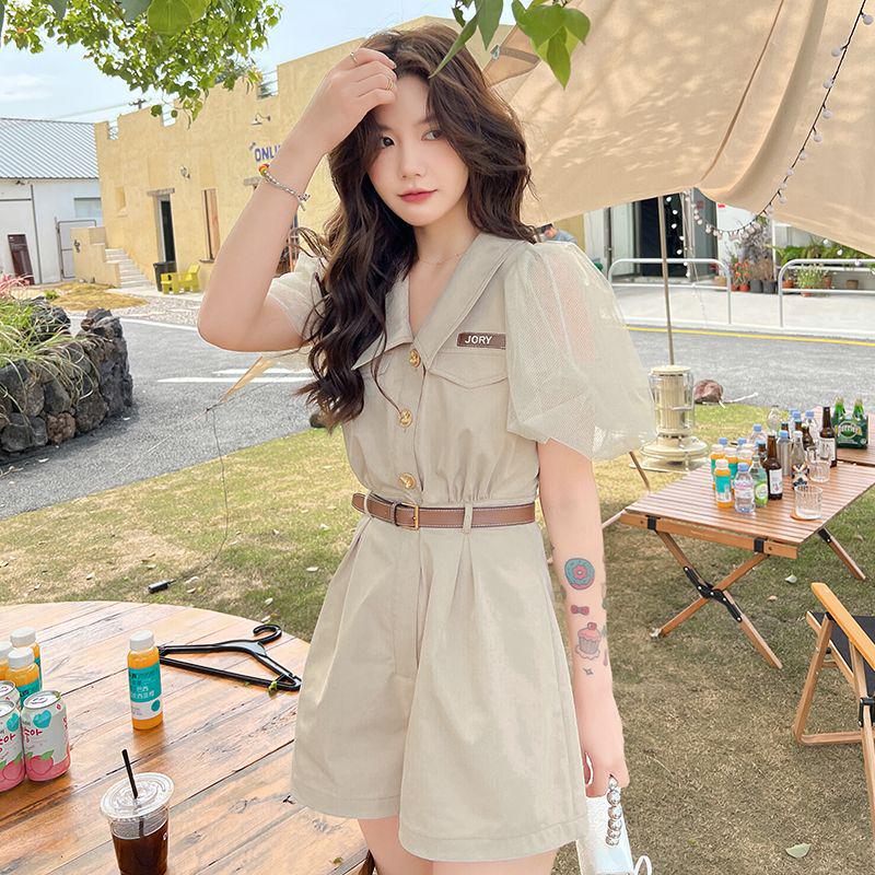 Elegant Mesh Sleeve Belted Summer Jumpsuit for Women S [42.5-47.5 kg] абрикосовый