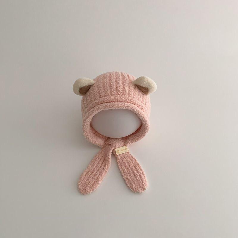 Warm Fleece Baby Bear Ear Hat Soft Plush With Chin Tie Perfect For Infant Winter Outdoor Daily Wear