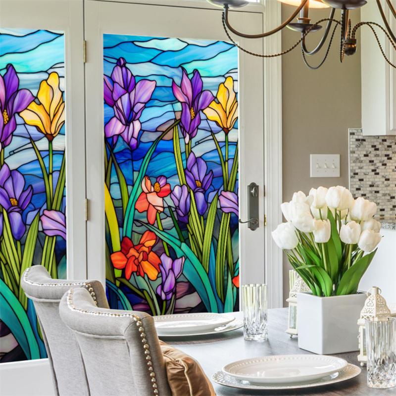 Window Privacy Film Static Clings Decals Colorful Orchid Pattern Adhesive Free Removable Anti UV