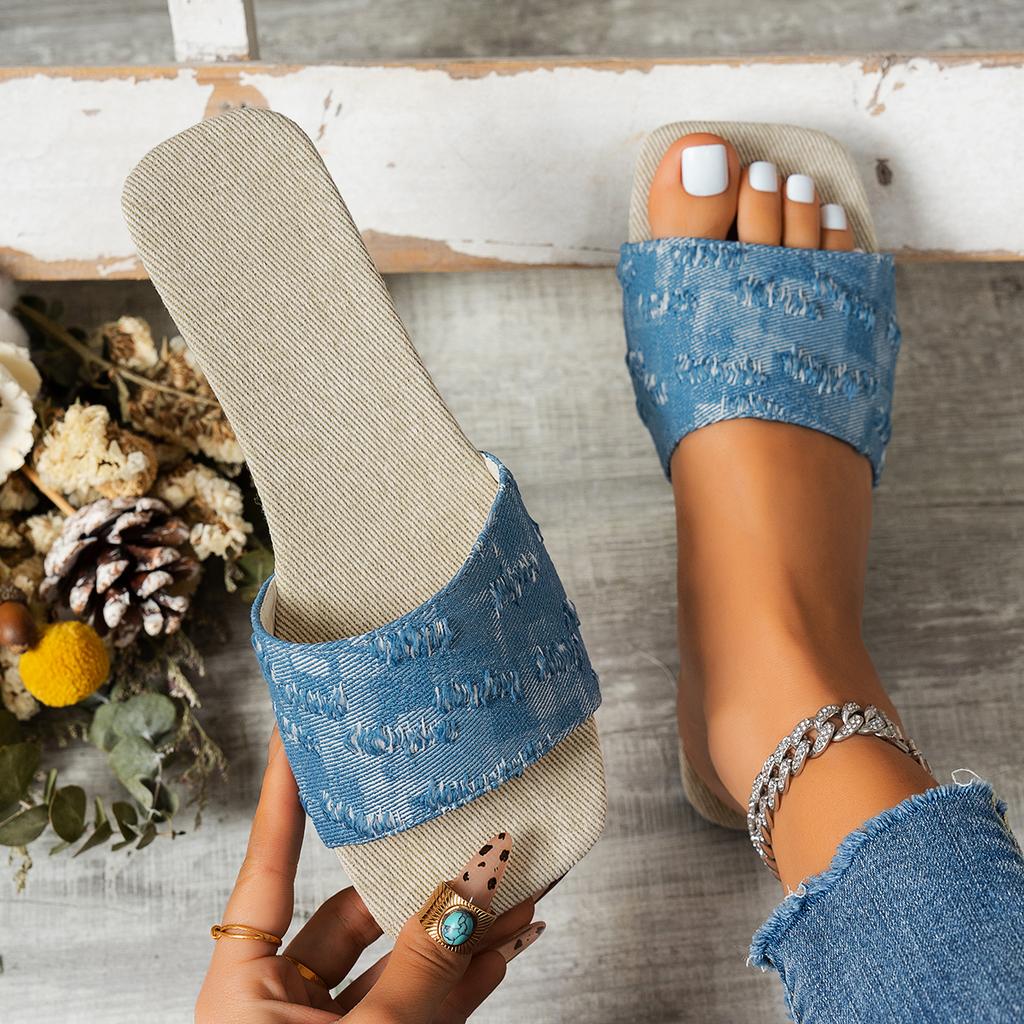 Fashion Women Denim Slippers Flat Peep Toe Shoes Ladies Casual Beach Slippers Flat Luxury Sandals Home  Slides Women Zapatos De Mujer