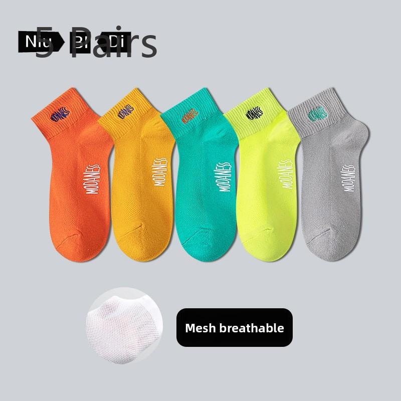 5 Pairs of Men's Spring and Autumn Pure Cotton Sweat Absorbing Breathable Mesh Thin Socks