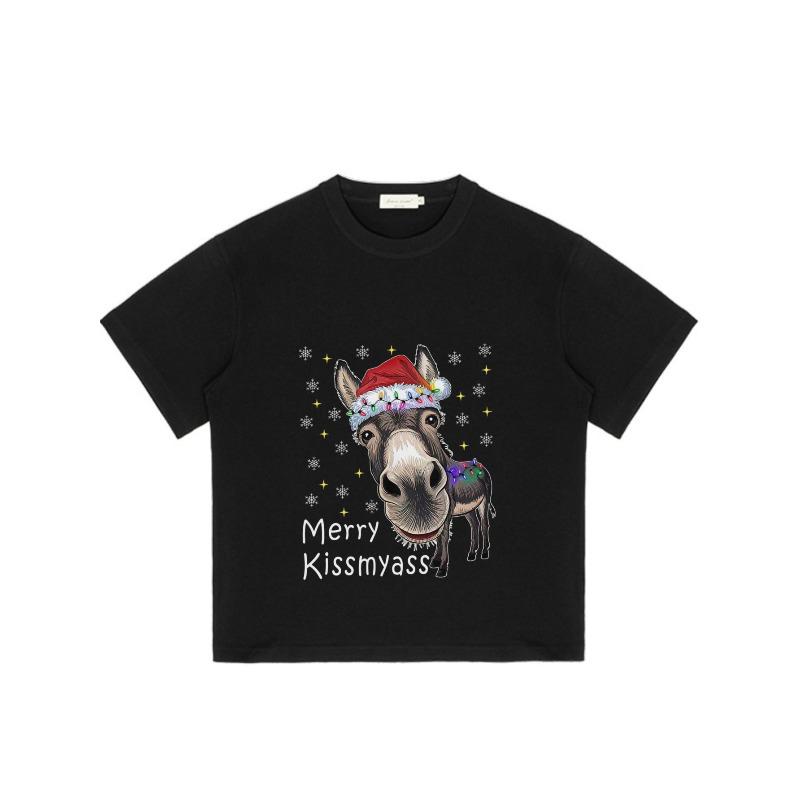 Vánoční tričko Černý osel s vánoční čepicí a textem Merry Kissmyass Oblečení na sváteční párty
