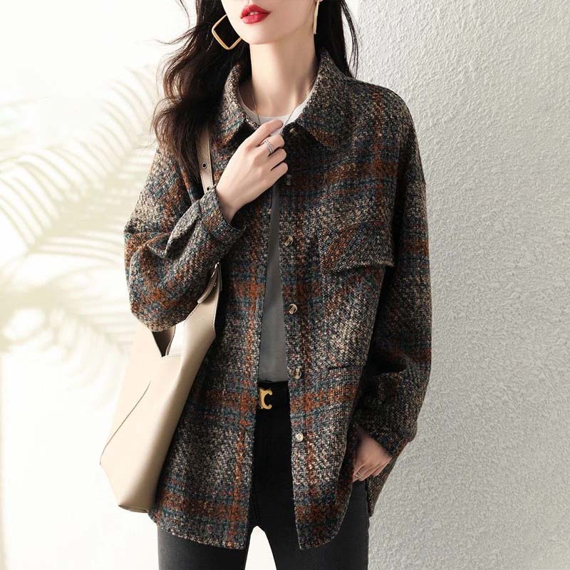 Shirt Coat for Women Casual Oversize Cardigan Double Layer Vintage Windbreaker Plaid Shirt Jacket