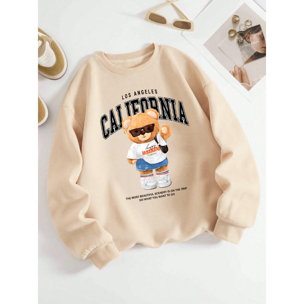 

Autumn Winter Womens Pullover California Letter Trend Bear Printing Hoodie Loose Crewneck Warm Fleece Sweatshirt Street Clothing 4XL