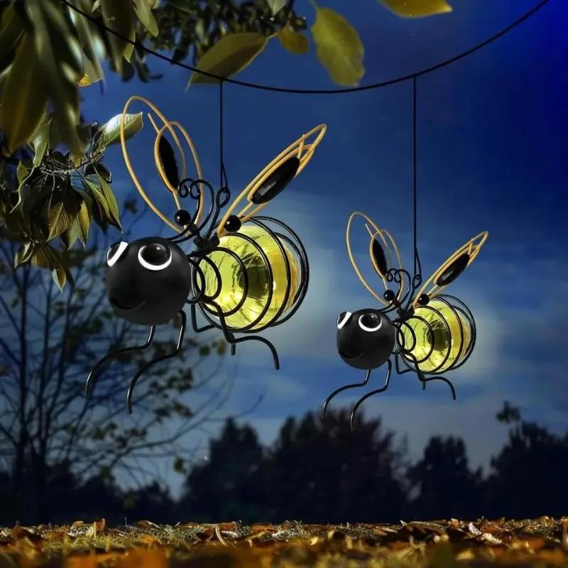 Solar-Powered Bee Lights Design Metal Waterproof Hanging Decor Warm White LED for Garden Party Balcony Porch Ornaments Outdoor