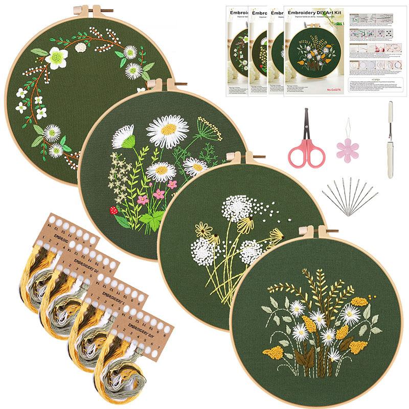 Green Chrysanthemum Dandelion Green Daisy Wreath Diy Handmade Embroidery Material Pack Cotton Cloth