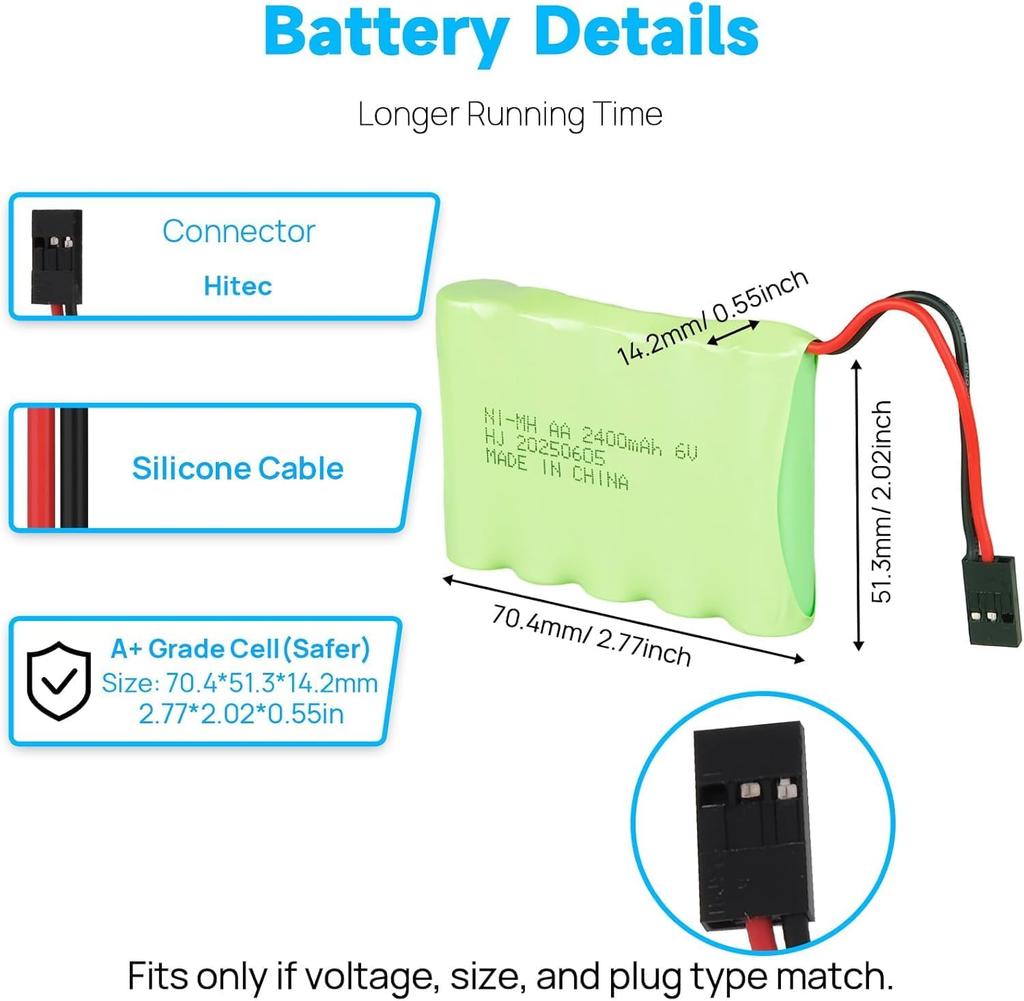 6V 2400mAh NiMH Receiver Battery with Hitec Connector - AA NiMH Rechargeable Battery Pack for RC Helicopters, Model Aircraft