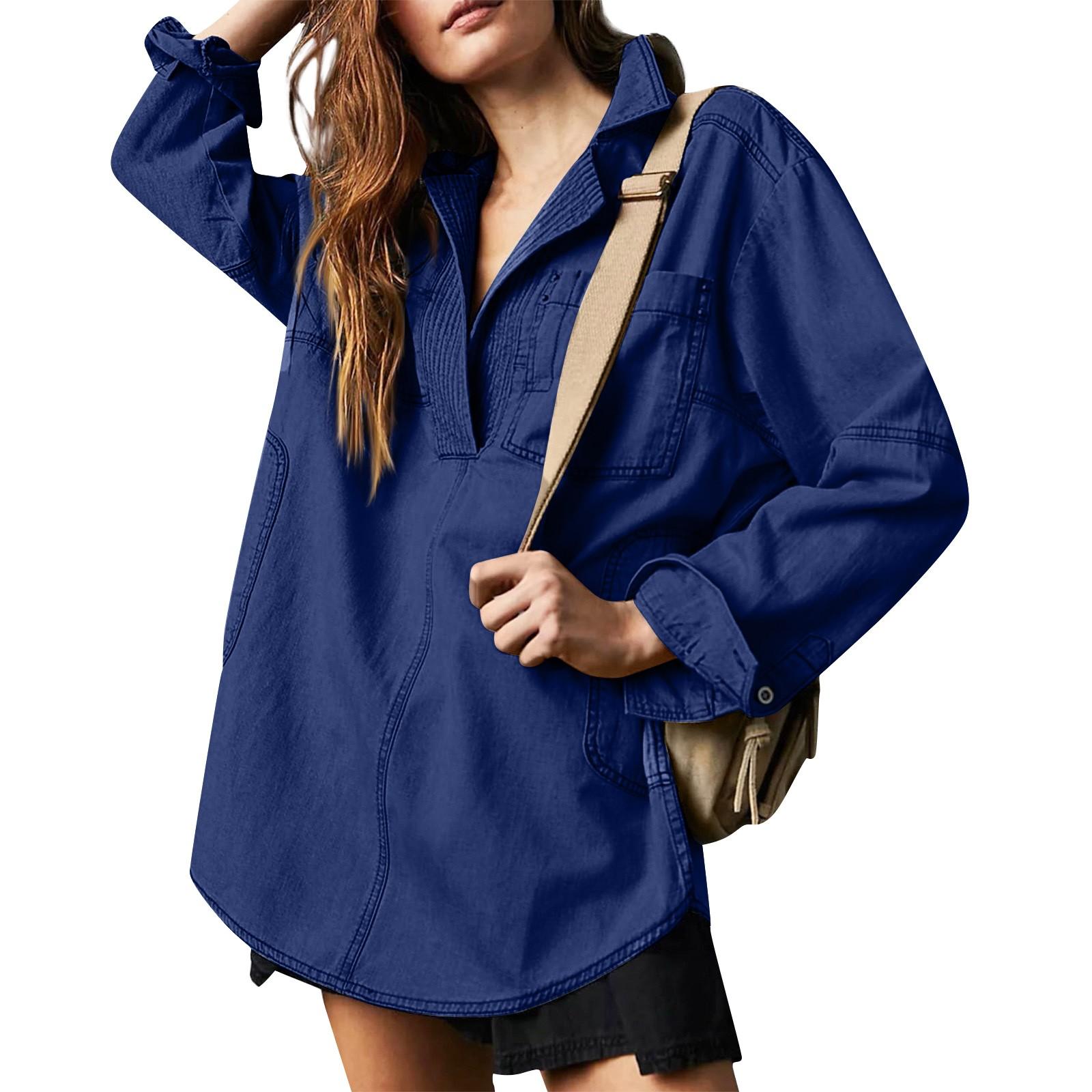 

Женский джинсовый пуловер, повседневная блузка с V-образным вырезом, свободный крой, длинный рукав, джинсовая куртка с карманом L