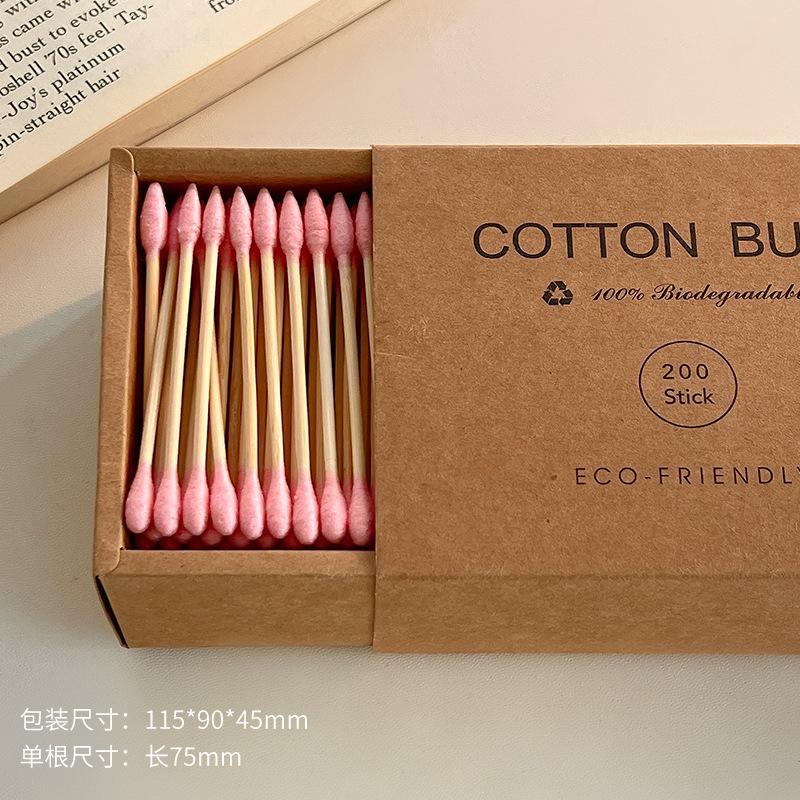 200Pcs Bamboo Cotton Swabs In Kraft Paper Box, Eco-Friendly Double Headed Cotton Sticks, Makeup Remover & Ear Cleaning