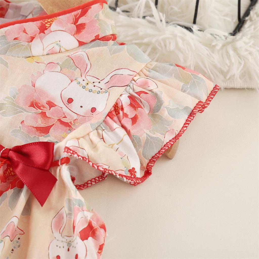 Baby Girl Summer Cheongsam Dress - Cartoon Rabbit & Floral Print