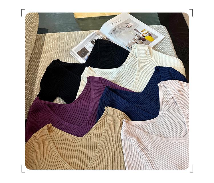 European Style Purple V-Neck Long Sleeve Knit Top for Women - Slim Fit Autumn 2025 Collection