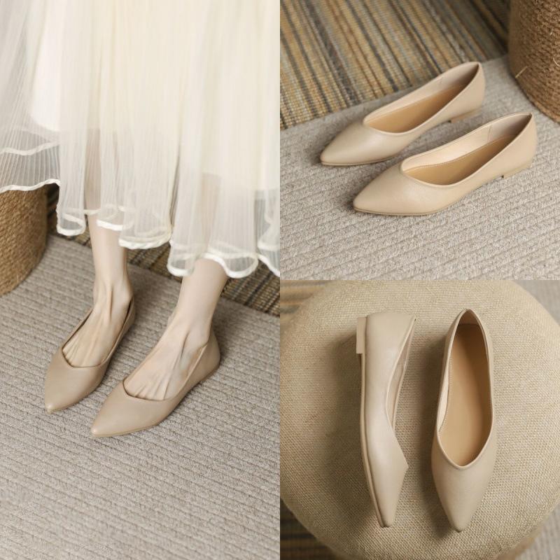 2025 new leather flats pointed women's shoes soft leather soft sole single shoes not tired feet professional black work shoes