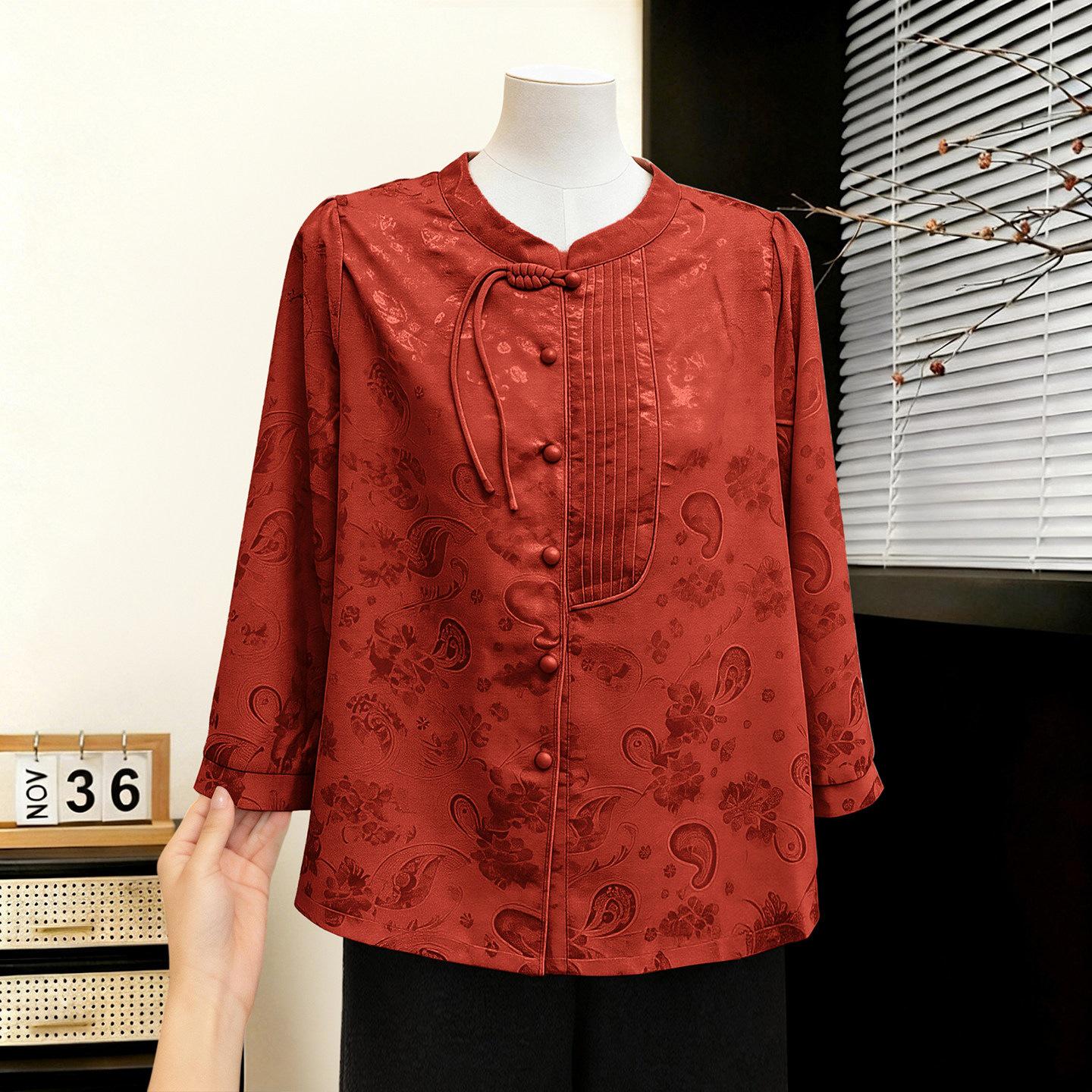 

Elegant Summer Jacquard Top for Middle-Aged Moms - Stylish 2026 Wide-Leg Shirt - Perfect Mother s Day Gift 2XL (105-120 lbs) червоний