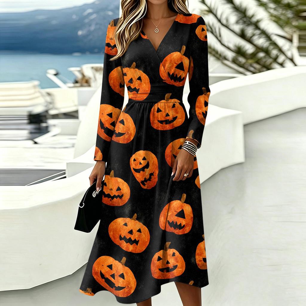 Women's Halloween Print V-Neck Long Sleeve Casual Dress with Pockets