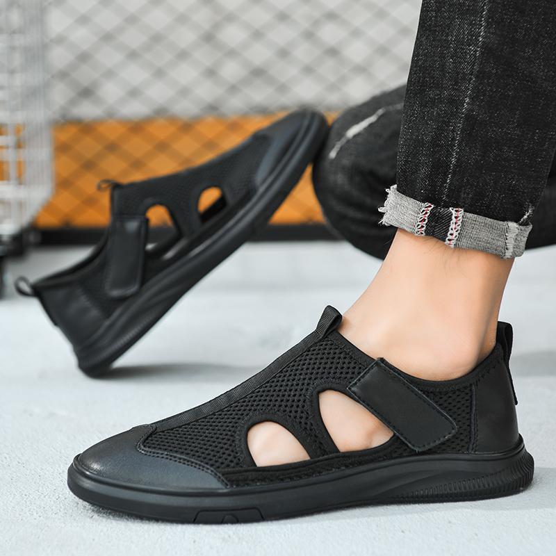Lightweight Men Sandals Wearable Anti-slip Deodorant Baotou Beach Genuine Leather Casual Sandals Youth Latest Trend Casual Flats