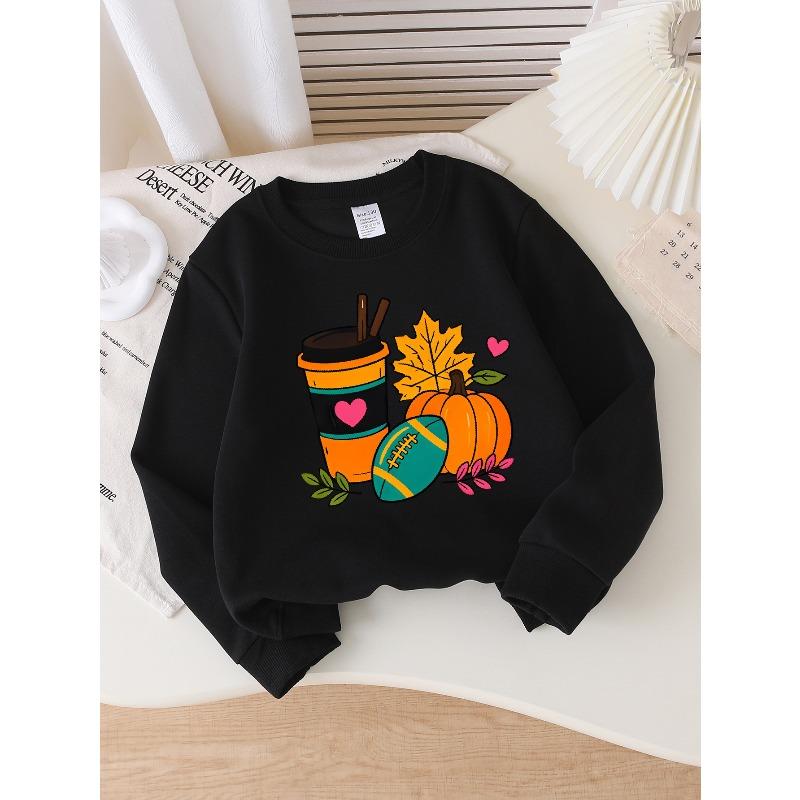 Girls' Long-Sleeve Round Neck Sweatshirt with Printed Design, Autumn Coffee Pumpkin Style Suitable for Spring And Fall, Fashionable And Casual