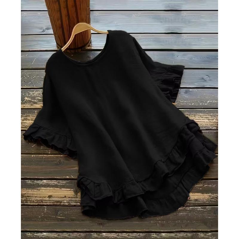 Women s Ice Silk Pleated Ruffle Top with Asymmetrical Hem and Bell Sleeves XL