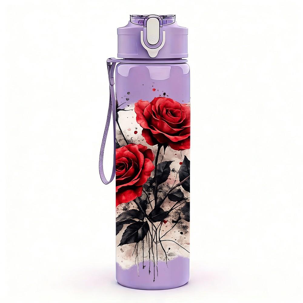 1PC Dark Red Rose Bouquet 750ml Color Plastic Sports Water Bottle Leakproof Flip Straw Lid Suitable for Sports Office Home Use