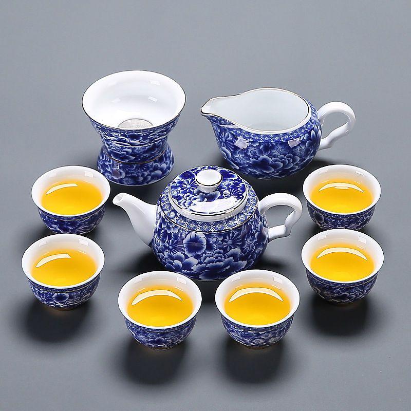 Chinese Kung Fu Tea Set, Blue and White Porcelain Teaware, Ceramic Teapot, Teacups and Filter Set, Household Tea Drinkware