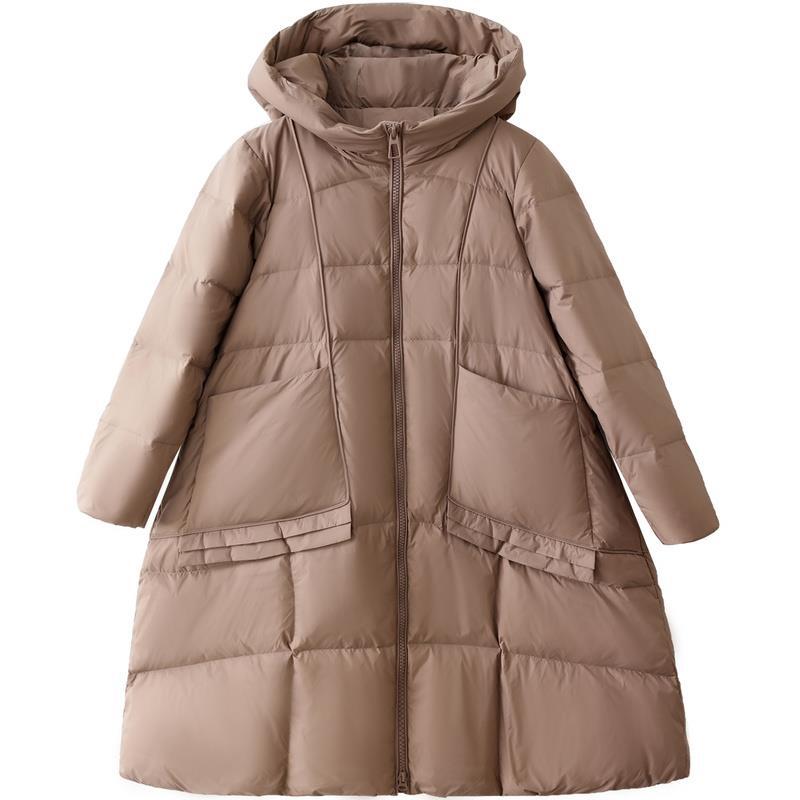 Winter new thickened large size white duck down hooded down jacket women's long knee loose versatile jacket