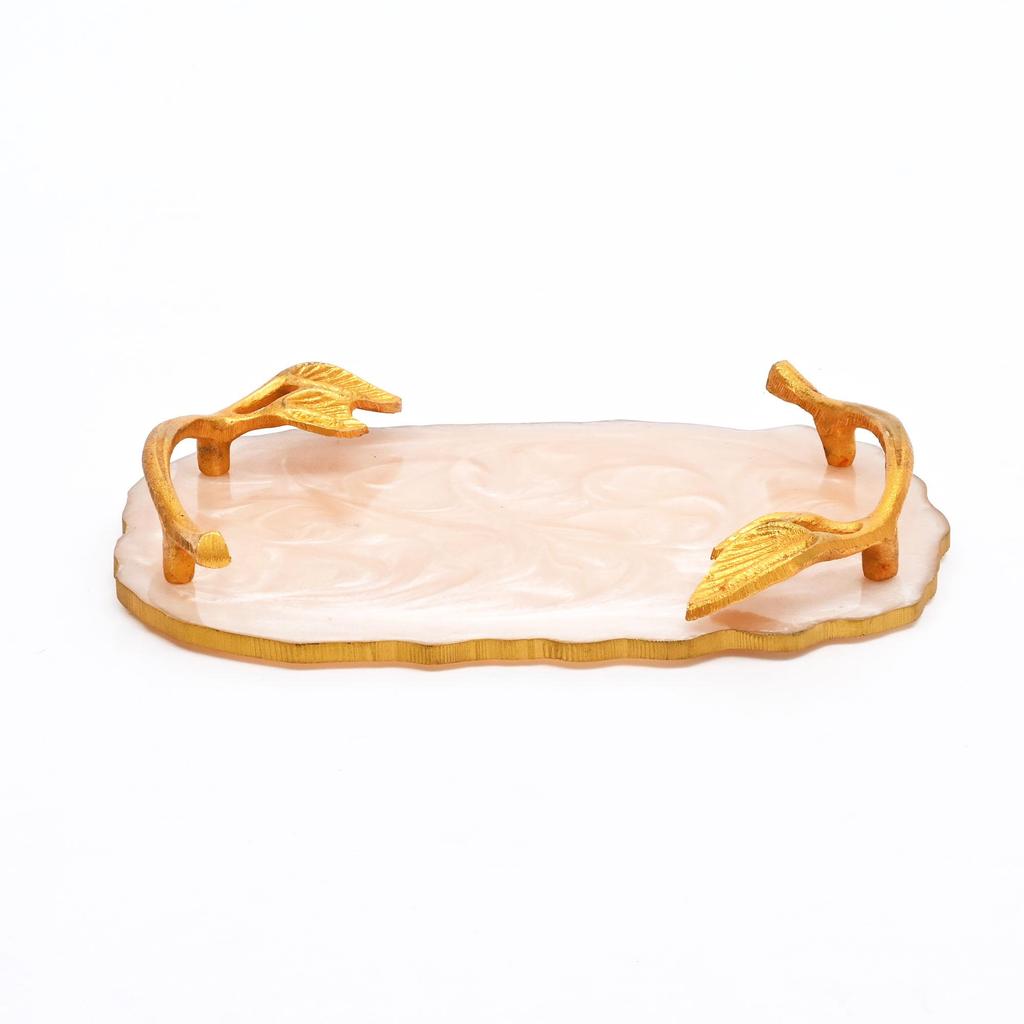 Luxury Marble Finish Leaf Handle Serving Tray – Gold Accents