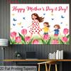 CWhimsical Mother's Day Backdrop, Watercolor Mom and Children in a Tulip Garden with Butterflies, Sweet Spring Party Wall Decor