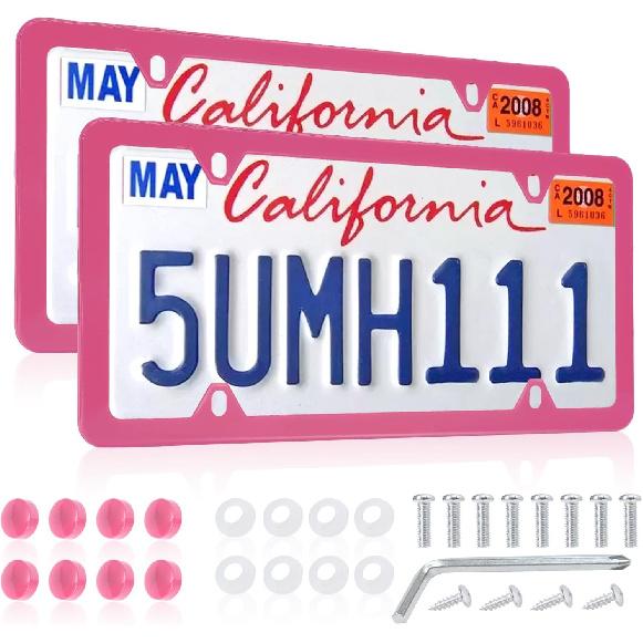 Black License Plate Frames, Stainless Steel, Car License Plate Holder with Screw Caps, Rattle Proof Pad Front Back License Plate Cover