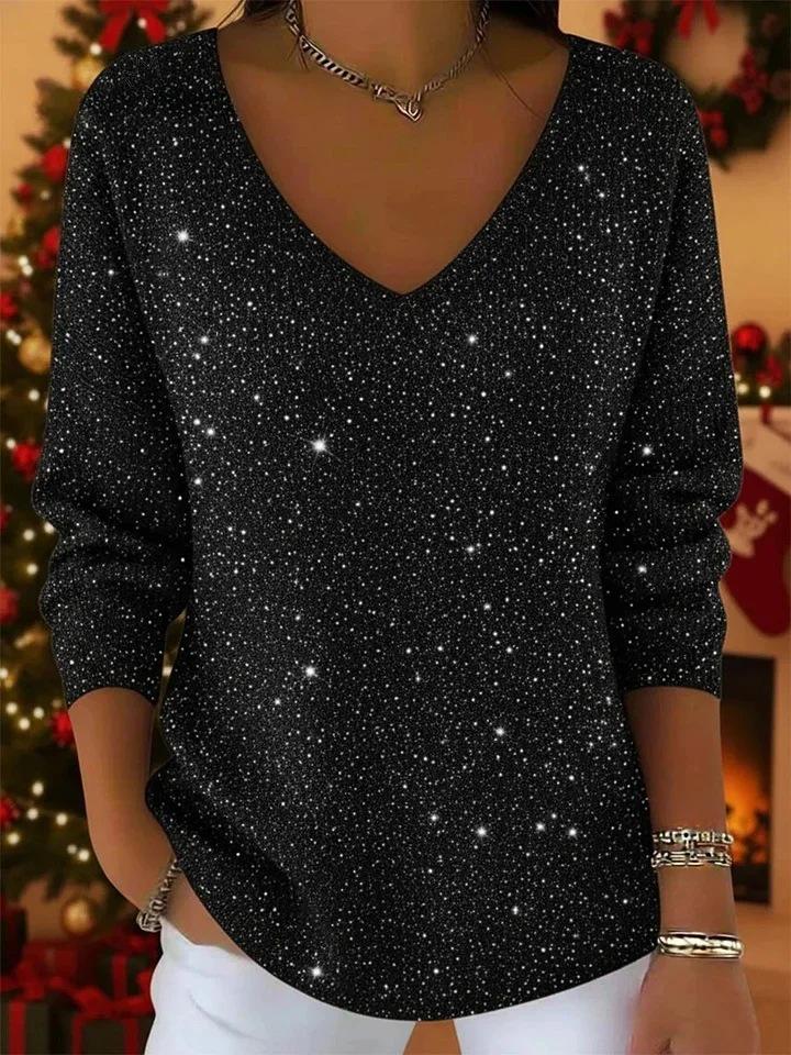 2025 Women's Autumn Winter V-neck Long Sleeve Casual Christmas T-shirt