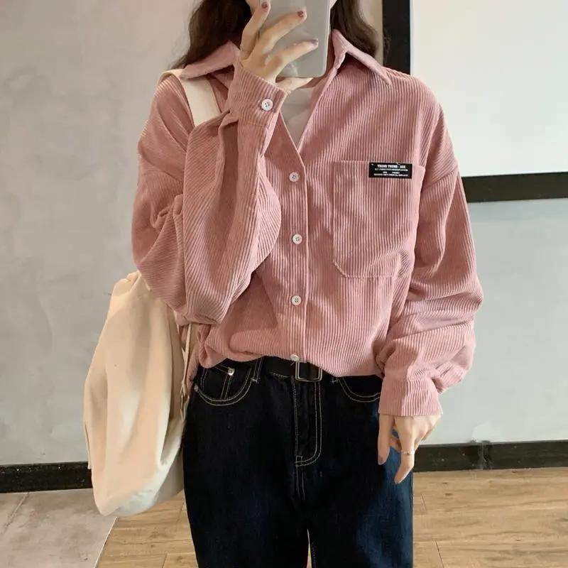 Dámská manšestrová košile s dlouhým rukávem - Podzim 2024, Korejský a Hongkongský retro styl, Volný střih, Tenká bunda.