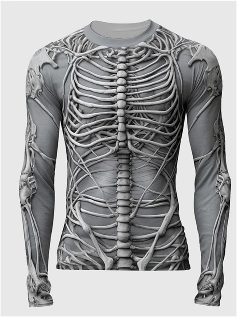 Lustiges Langarm-T-Shirt mit 3D-Totenkopf-Print für Herren, lässig, O-Ausschnitt, Baumwolle, lockere Oberteile, modische Kleidung mit menschlichem Knochenmuster, Herbst-T-Shirts