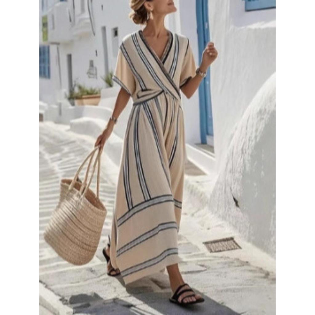 Women's V Neck Short Sleeve Maxi Dress Loose Fit Mid Waist Elegant Striped Wrap Dress