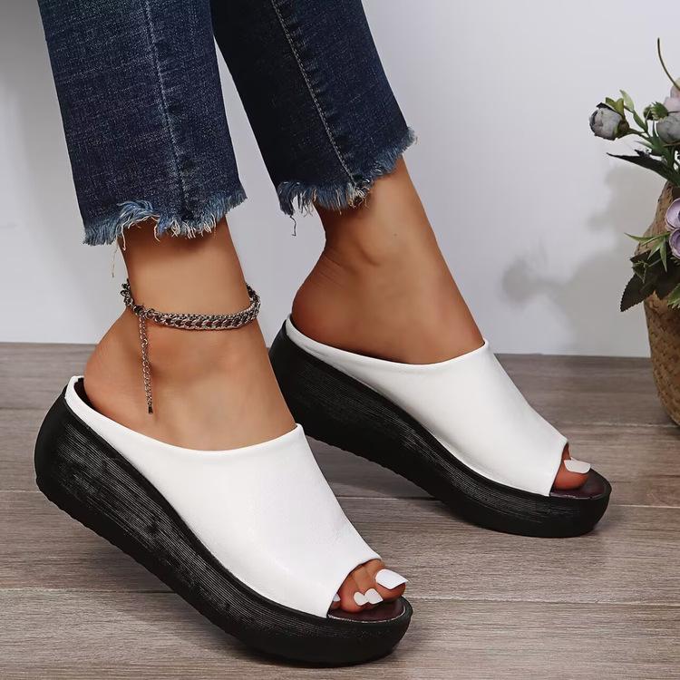 Slippers female summer wear slope heel fish mouth one-word drag muffin thick bottom retro