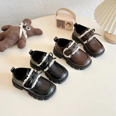 2024 Children Leather Shoes for Girls Winter New Fashion Korean Style Princess Elegant Bowtie Soft Bottom Versatile Plush Loafer