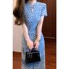 New Chinese style blue polka dot dress women's early summer hip-wrapped long dress early spring beautiful waist skirt