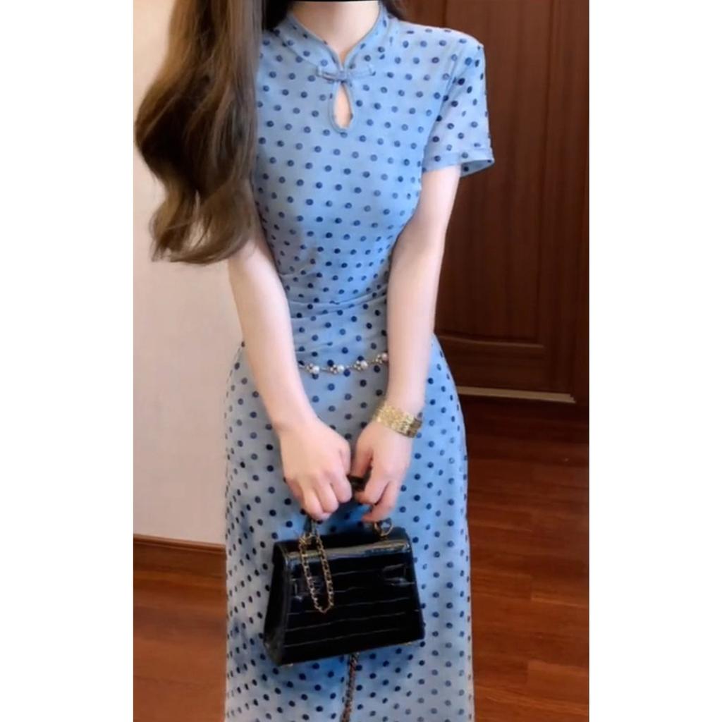 New Chinese style blue polka dot dress women's early summer hip-wrapped long dress early spring beautiful waist skirt