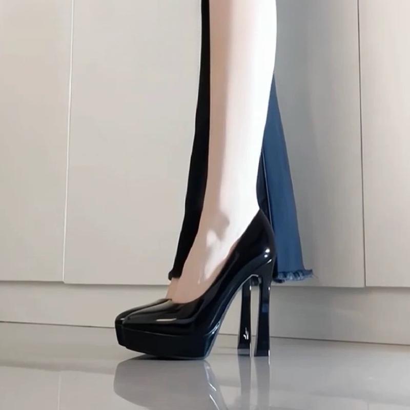 

Мода 2025 Туфли-лодочки на очень высоком каблуке Новинка осени Остроносые Лакированная кожа Платформа Нескользящие Износостойкие Высокие каблуки 34