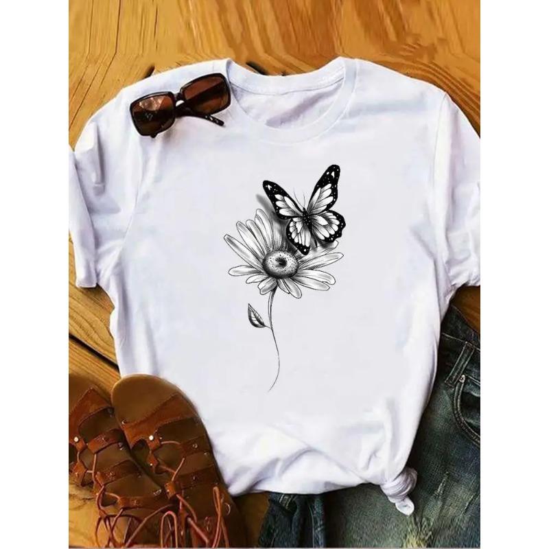 Love Heart Butterfly Trend Summer Clothes Womens Clothing Ladies Print Fashion Tshirts Short Sleeve FeUnisex Graphic Tee Fashion