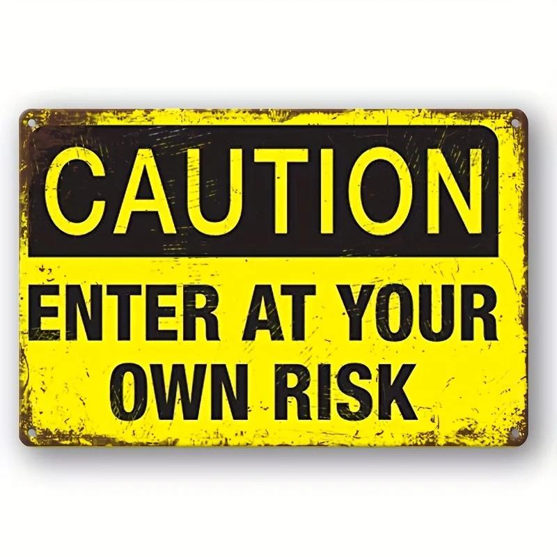 Vintage Metal Warning Tin Sign, Caution Enter At Your Own Risk/ Slippery Shen Wet/Do Not Enter,Room Home Restaurant Garage De