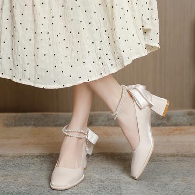 Women Sexy Pumps White Silk Beading Bride Shoes Square Toe Buckle Bow Strap Sandals Thick High Heels Mary Jane Shoes
