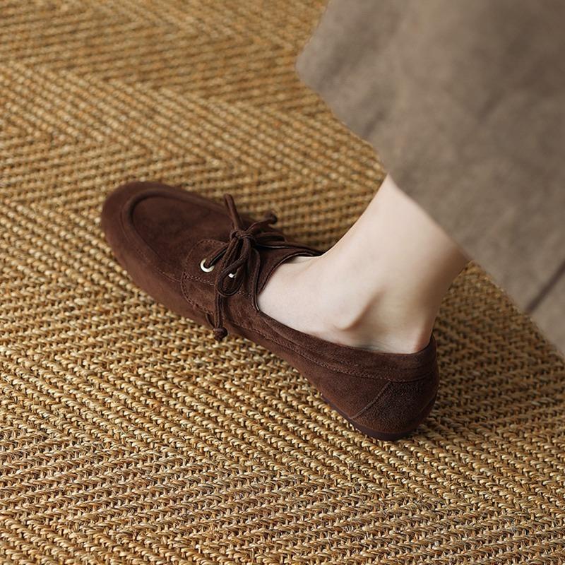 Loafer Women's 2025 New Fall Retro Round Toe Scrub Lace-Up Soft Sole Non-Slip Low Heel Single