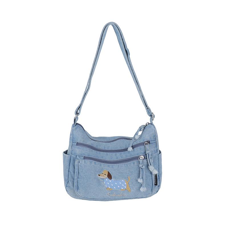 Denim Vintage Shoulder Bag Women Embroidered Cat Crossbody Bag