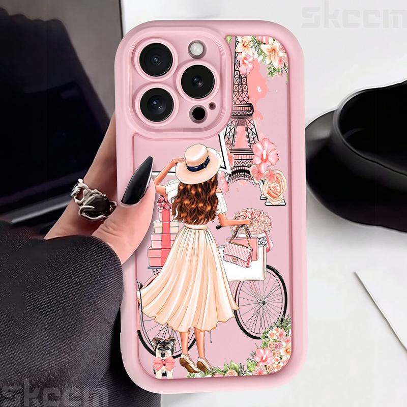 Pink Girl Flower Pattern Phone Case For iPhone 16 15 Pro Max 16E 14 13 12 11 XS X XR 7 8 Plus Shockproof Silicone Soft Cover