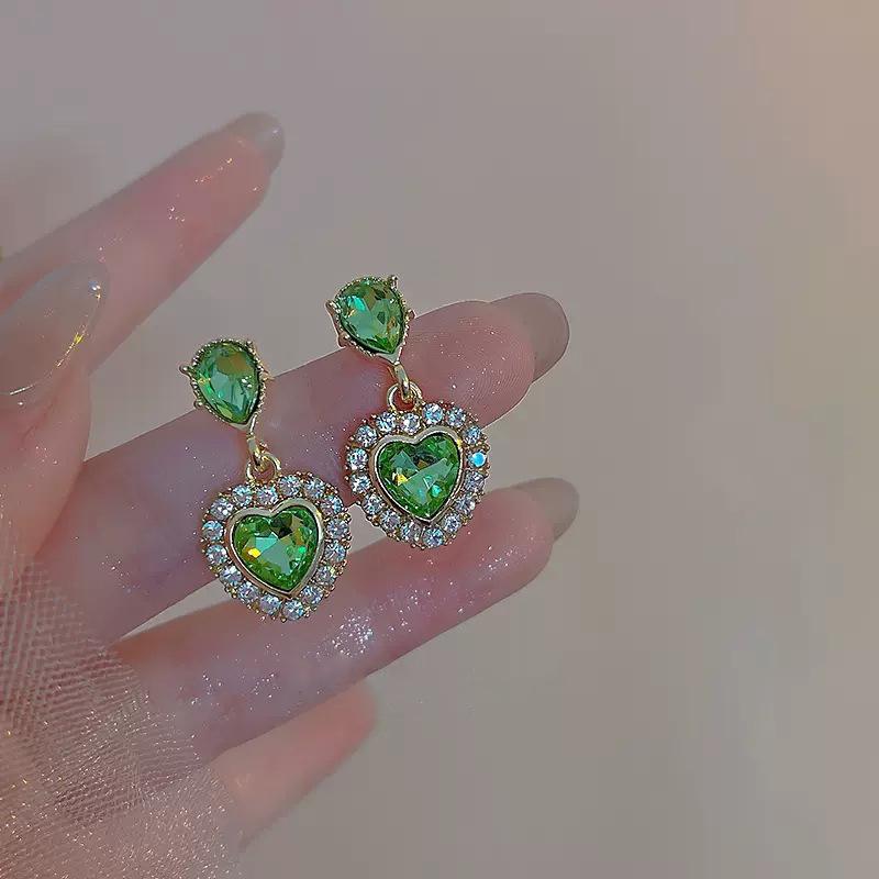 Zirconia Sparkling Green Crystal Love Heart Dangle Earrings Fashionable Summer Accessories Party Jewelry Birthday Gift for Women
