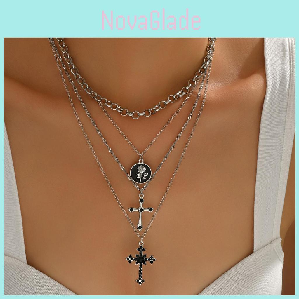 Cross Pendant Necklace For Women With Multi Layer Geometric Design And Zinc Alloy Material