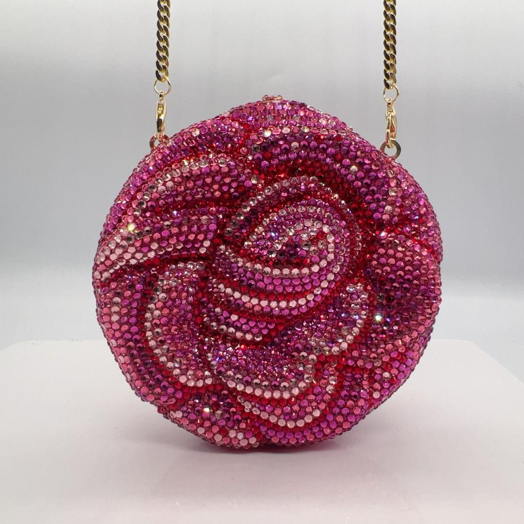 WHTUOHENG Rose Flower Evening Crystal Clutches Purses Diamond Wedding Clutches Rhinestones Hard Metal Bags Dinner Bridal Party