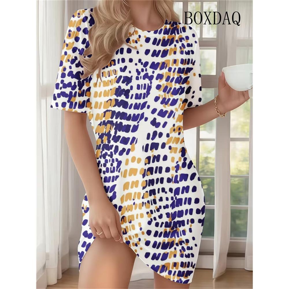 Tie Dye Abstract Gradient Striped Print Dresses For Women 2026 Summer Clothing Casual Short Sleeve Loose Dress