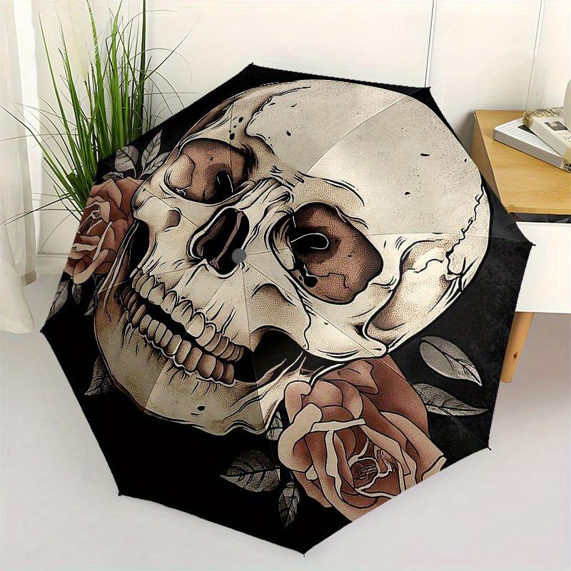 

Skull and Roses Circular Wall Art Decor Umbrella, Cute Umbrella with Cute Design, Portable 3-Fold Compact Umbrella for Men & Women, Valentine s Day Mo