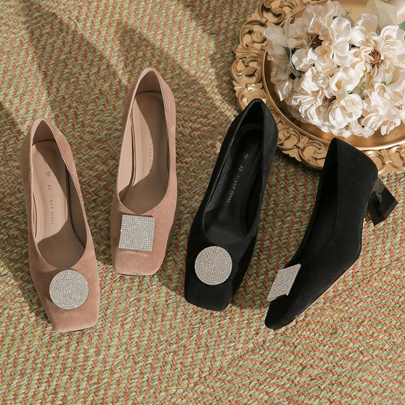 H823-1 Square Buckle Ornament Suede Thick Heel Women's Shoes Small Square Head Sheepskin Insole Autumn and Winter New Shoes Female Internet Celebritie
